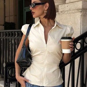 Siren Gaze Women's Solid Color Zippered Collar Pleated Waist Casual Shirt,Women